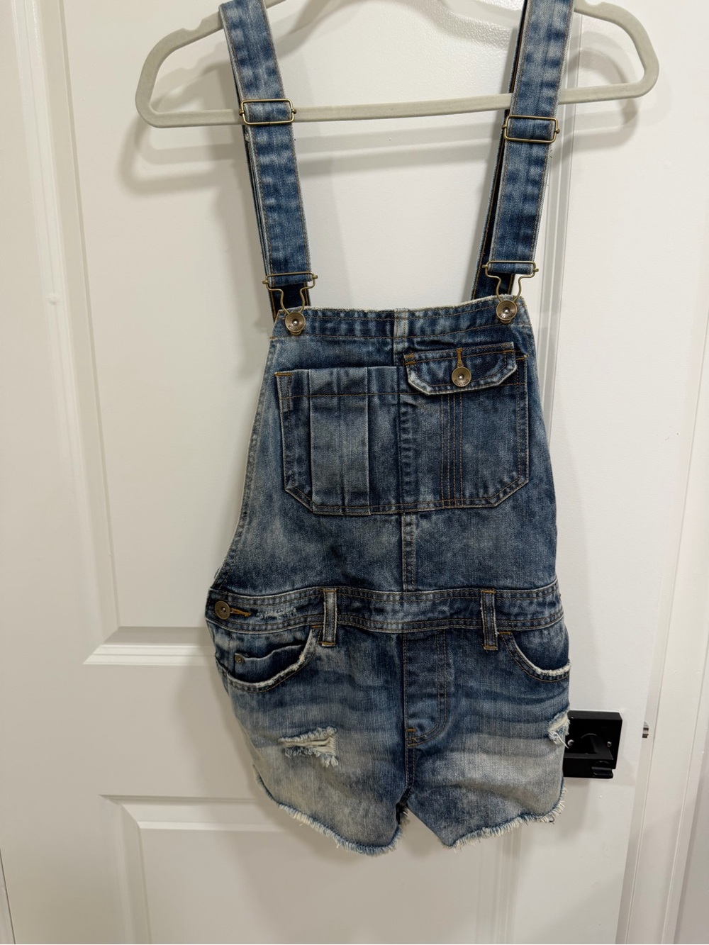 Billabong Distressed Blue Denim Short Overalls